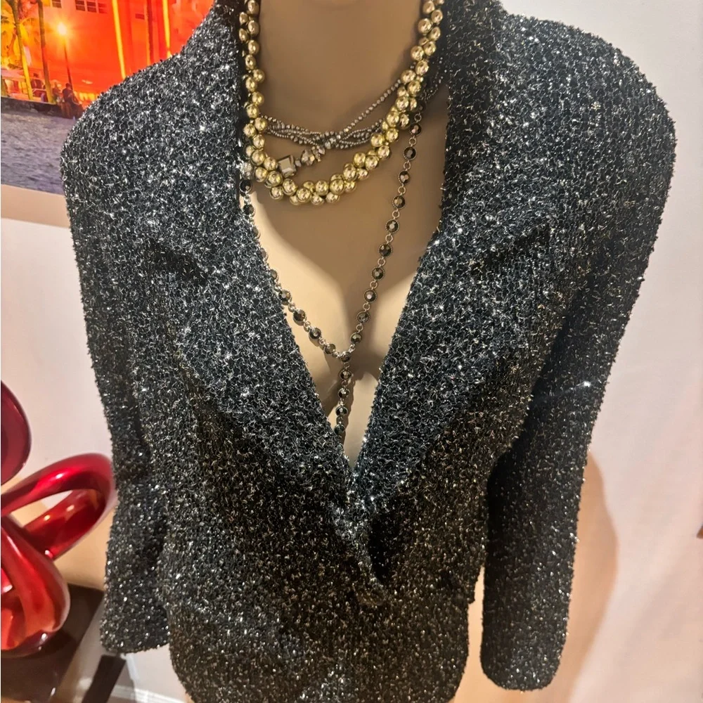 St. John novelty Metallic Black tweed Blazer silver thread evening 16 XL light